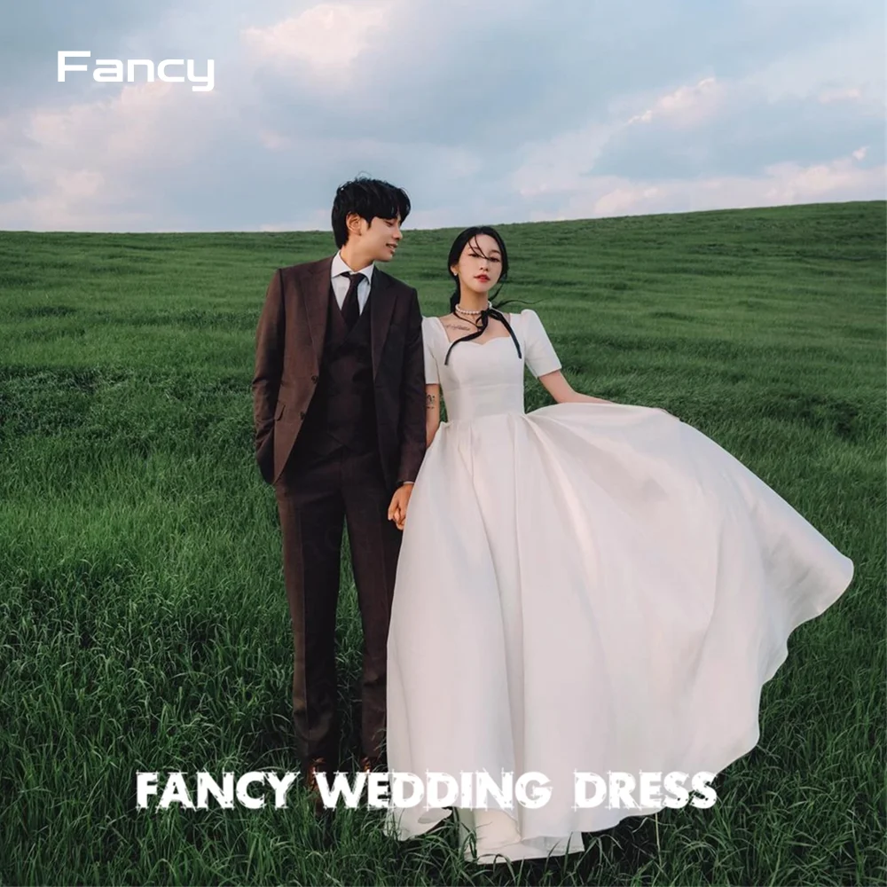 

Fancy Simple Square Neck Wedding Dress Korea Photo Shoot Short Sleeve A Line Bridal Gown Floor Length Back Corset Custom Made