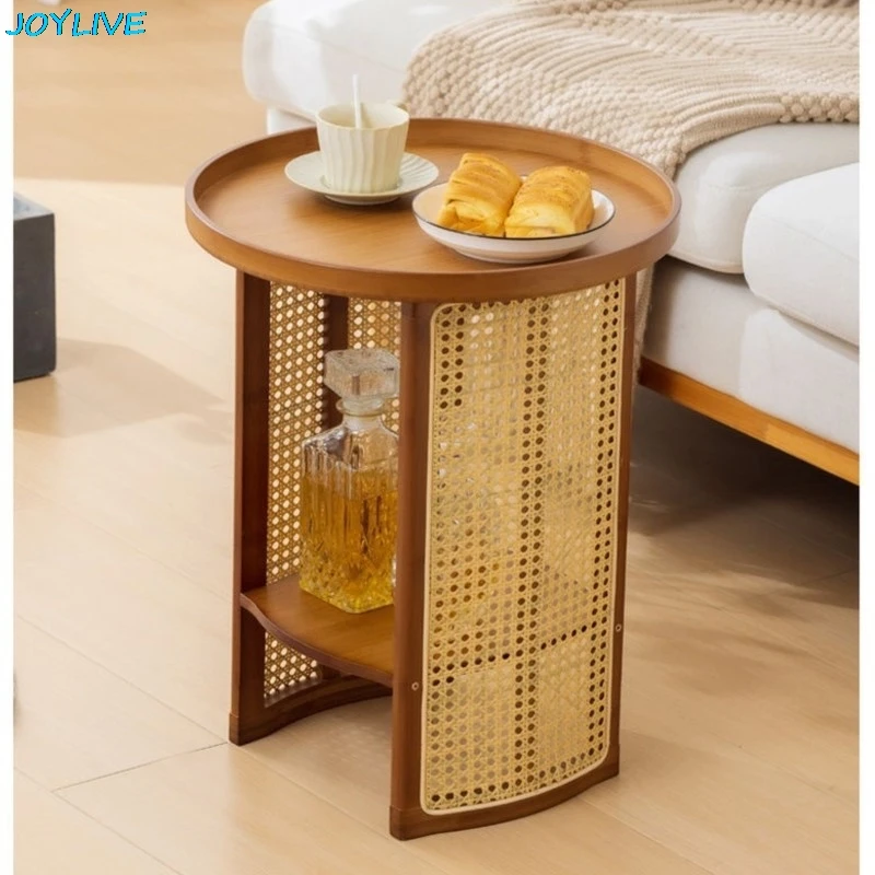 JOYLIVE Vine Woven Tea Table Living Room Household Sofa Side Table Simple Bedroom Side Small-sized Circular Storage