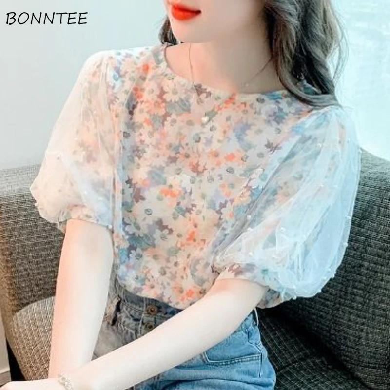 

Puff Sleeve Blouses Women Floral Design Sweet Fashion Office Ladies Summer Elegant Korean Style Popular All-match Soft Leisure
