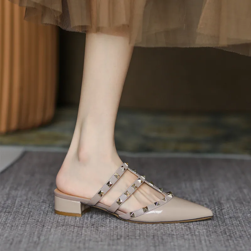Shoes For Women Trend Luxury Leather Slippers Outdoor Summer Women Sandals Pointed Rivets High Heels Casual Women's Shoes women sandals,women high heels