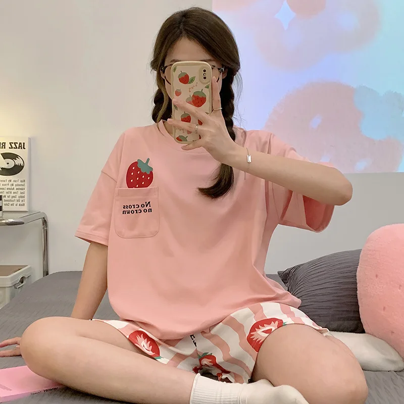 

2PCS/Set Women Pajama Sets Summer Cute Cartoon Printed Sleepwear Loose Top Shorts Cotton Suit Homewear Korean Fashion Streetwear