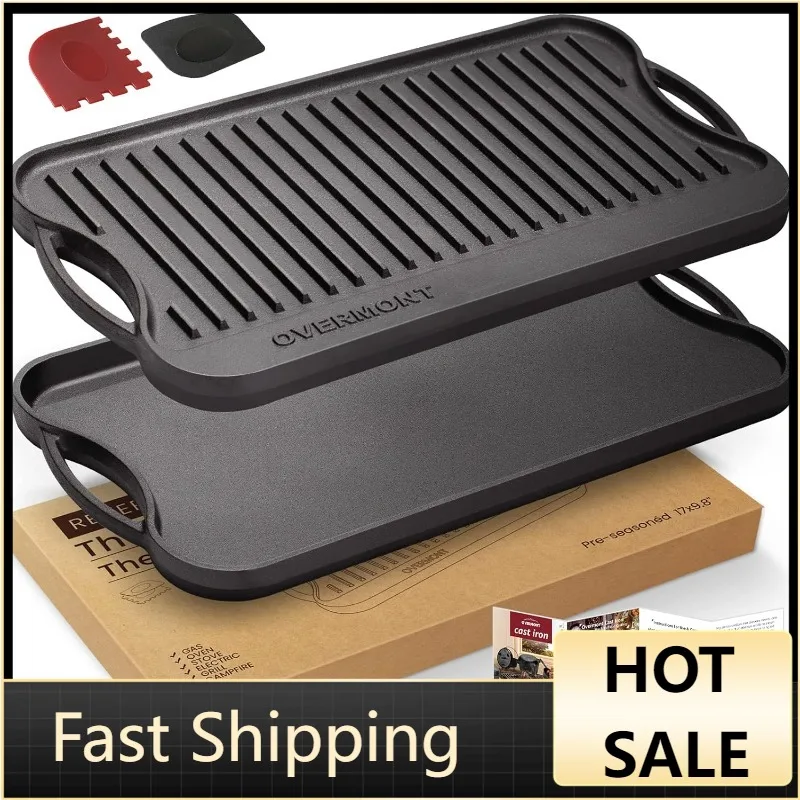 

Overmont Pre-seasoned 17x9.8" Cast Iron Reversible Griddle Grill Pan with handles for Gas Stovetop Open Fire Oven, One tray,