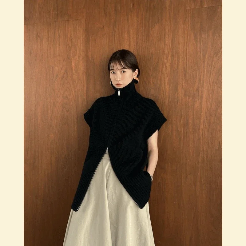 

2023 Autumn and Winter Upper and Lower Zipper High Collar Sleeveless Knitted Vest Commuting Versatile Sweater for Women