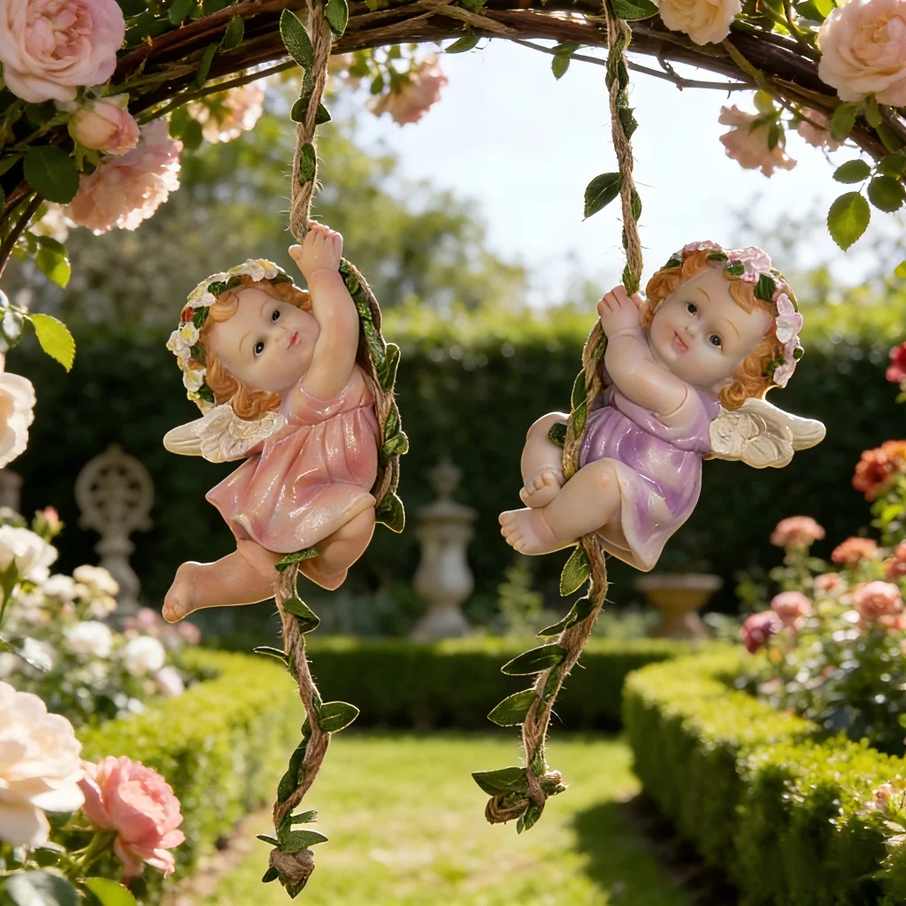 Garden Hanging Angel Figurine - Charming Fairy Cherub on Swing - Outdoor Decor Statue Gift