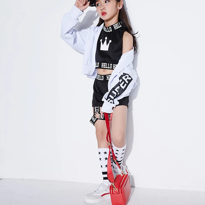 Children Hip Hop Dance Costumes Kids Street Dance Clothing White Jacket Black Vest Shorts Girls Dancewear Stage Outfit DN1740
