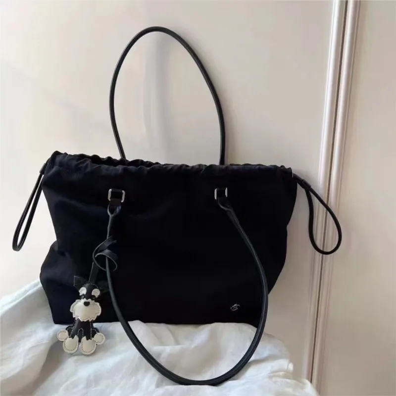 JIAERDI Black Drawstring Minimalist Tote Bag Women Nylon Large Capacity Shoulder Bag Ladies Casual Commute Versatile Handbag New