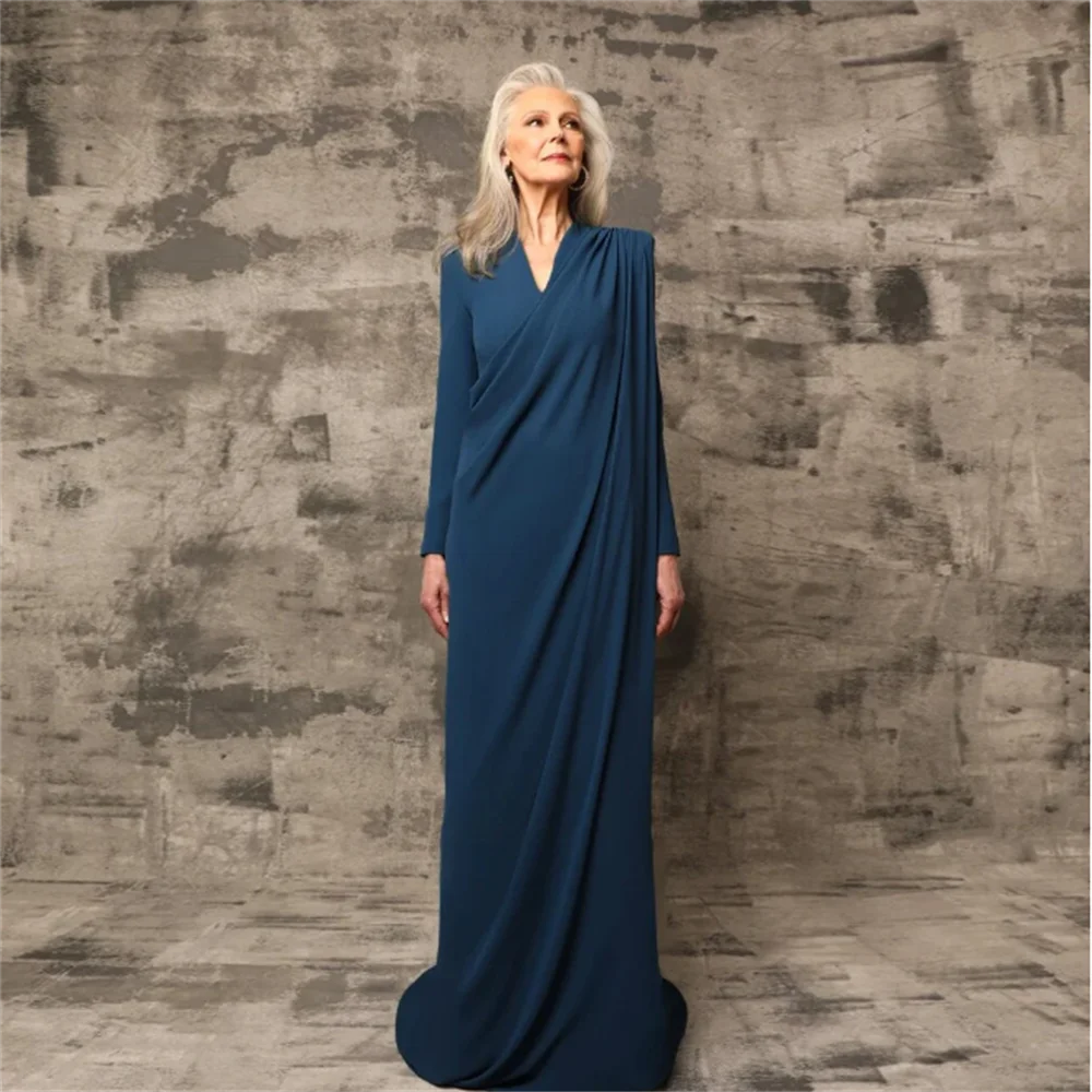 

Elegant V Neck Long Sleeves Mother of the Bride Dresses Wedding Party Gowns for Women Pleat Floor-Length Robe De Fête