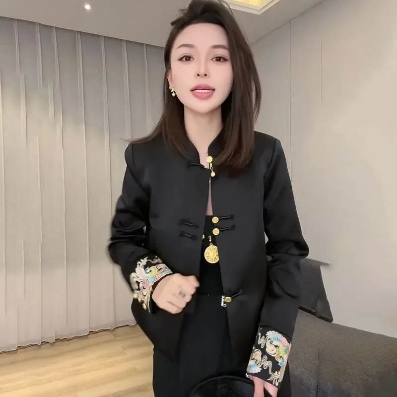 Vintage Button Embroidery Design Short Coat Fashion Black Jackets