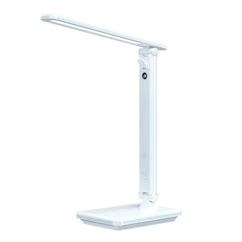 A white LED desk lamp on a stand with smartphone connectivity for remote monitoring.