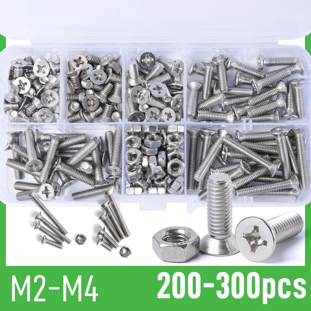 Phillips Flat Head Screws Assortment Kit 300 Pcs M2 M2.5 M3 304 Stainless Steel Countersunk Mini Micro Small Machine Screw Nuts