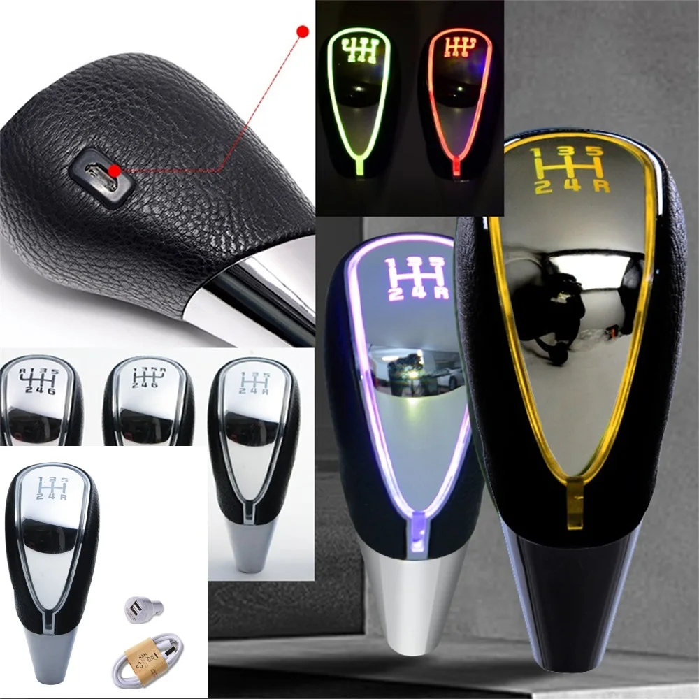 

7 Colors Changes Activated Car Gear Shift Knob 5 6 Speed LED Handball Knob Light Cigarette Lighter Charger Knobs AT MT Car Logo