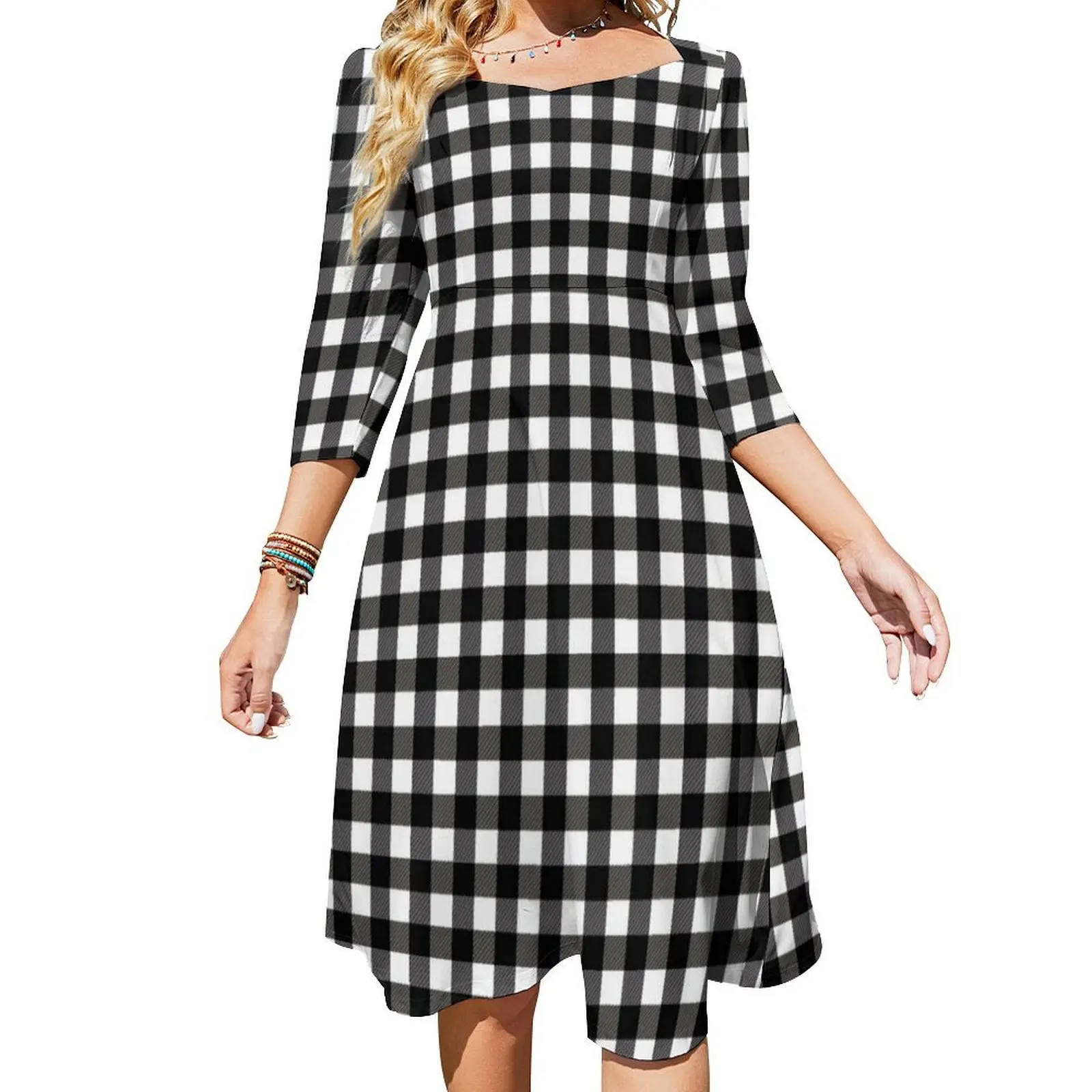 

Black White Plaid Casual Dress Women Checkerboard Print Street Wear Dresses Sexy Cute Dress Design Vestidos Big Size 4XL 5XL