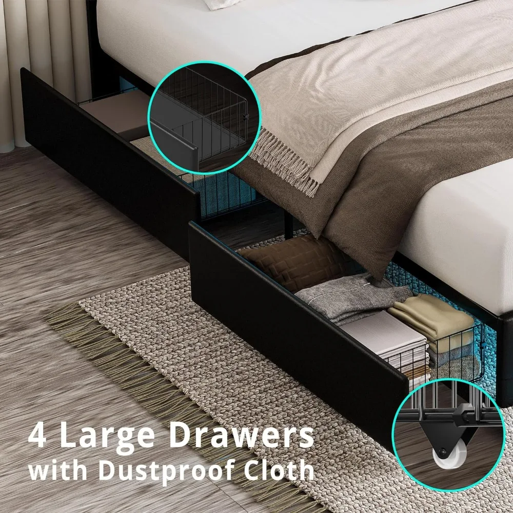 Bed Frame Full Size Bed Frame with LED Light, PU Leather Platform Bed Frame with 4 Drawers, Adjustable Crystal Button Tufted Headboard