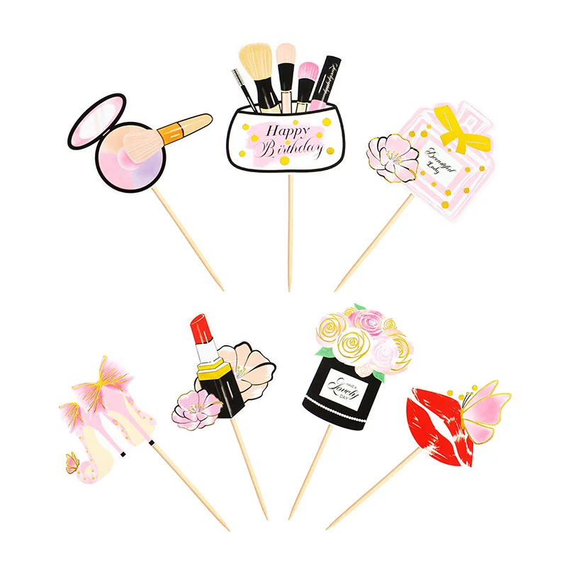 Cake Topper Perfume Lipstick Makeup brush Cake Topper Happy Birthday DIY Cupcake Topper Flags Flower Cake Baking Decor