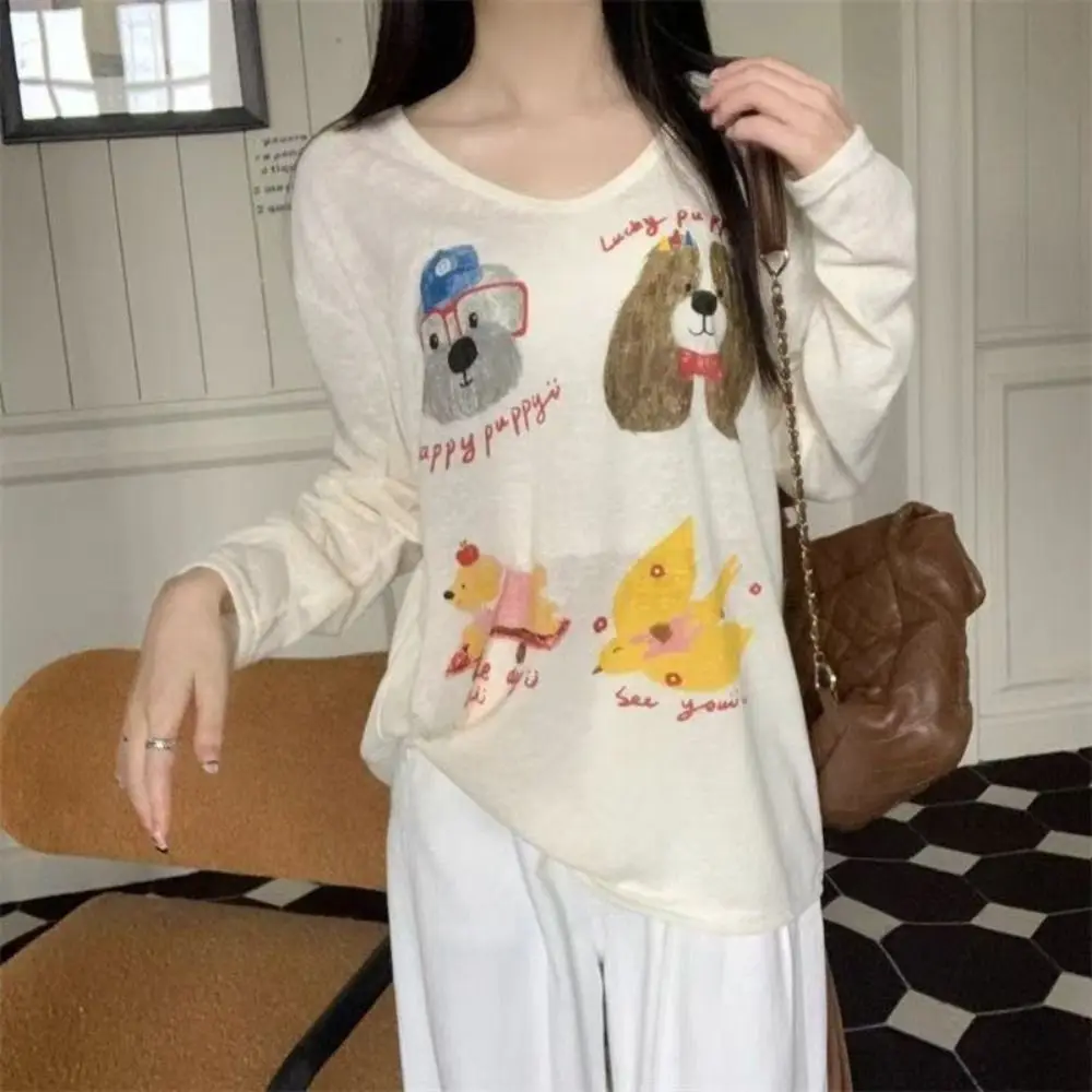 Thin Dog Print Graphic T-shirt Sunscreen Cartoon Cartoon Animal Long Sleeved Top Harajuku Ins Round Neck Oversized T-shirt Women