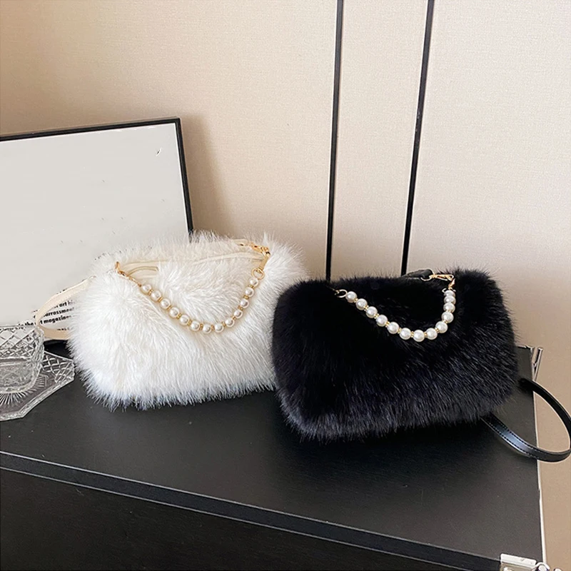 Winter Fashion Women's Faux Fur Shoulder Bags Candy Color Pearl Handle Crossbody Bag Small Fluffy Female Pillow Handbags