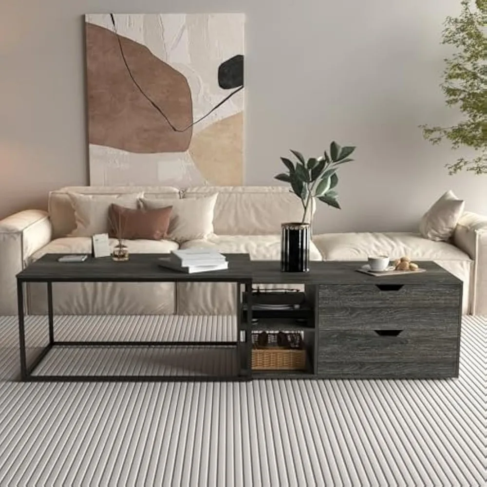 Set of 2 nested coffee tables, modern central coffee table, drawer and storage rack, living room bedroom side table 5