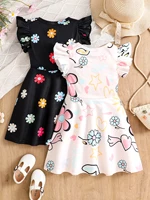 Ensemble de 2 robes d'été simples et tendance pour filles, robe mi-longue à col rond et manches bouffantes, imprimée de fleurs et de cœurs, taille cintrée, vêtements polyvalents pour filles, tenues rétro élégantes pour jeunes filles, vêtements d'extérieur pour jeunes filles 2