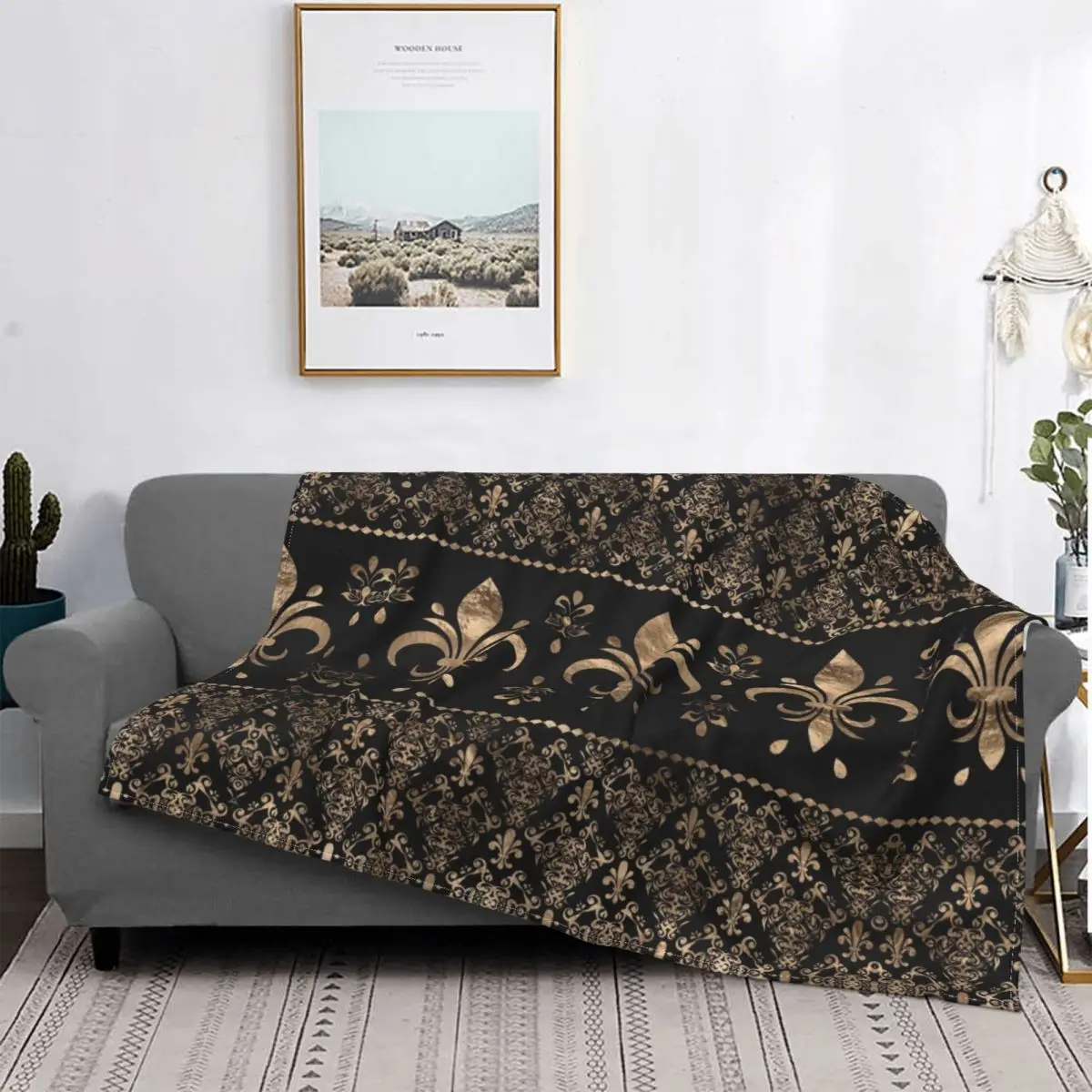

Luxury Black And Gold Fleur De Lys Blankets Soft Flannel Sprint Lily Floral Fleur-de-Lis Throw Blanket for Couch Outdoor Bedding