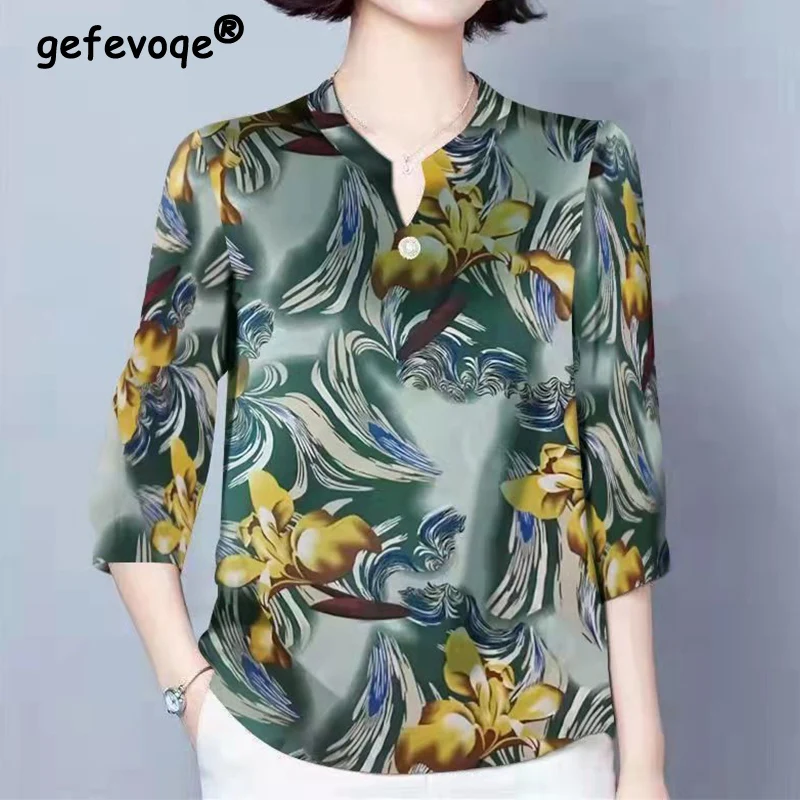 Stylish V-Neck Half Sleeve Printed Shirt Spring Summer Korean Female Clothing Spliced Chic Three-dimensional Decoration Blouse