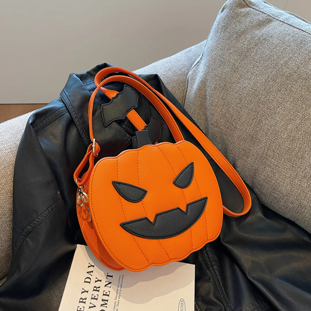 Women Pumpkin Crossbody Bag PU Leather Demon Messenger Bag with Zipper Adjustable Strap Female Daily Halloween Bag
