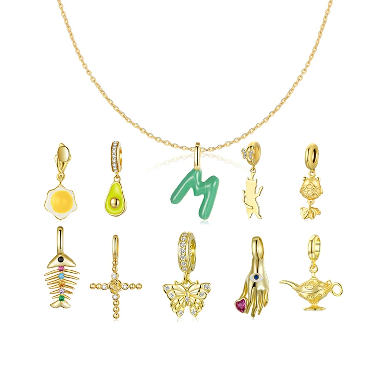 

Disiniya 925 Sterling Silver Rainbow Crystal Enamel Goldfish Animal Charm Letter Snake Fish Bone Charm Necklace Women DIY