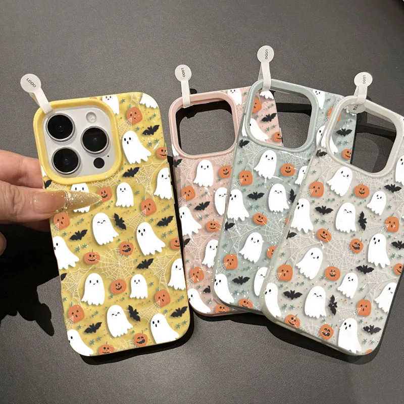 Spooky Ghosts & Pumpkin Halloween Phone Case - Festive Textured Bumper Cover
