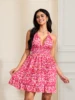 Elegant V-Neck Floral Print Sleeveless Maternity Dress with Ruffled Hem and Open Back Design for Women 5