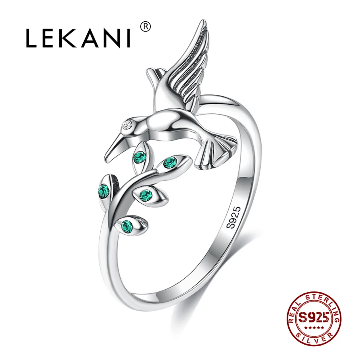

LEKANI Real 925 Sterling Silver Cubic Zirconia Bird and Leaves Adjustable Open Vintage Round Ring Gifts Fine Jewelry For Women