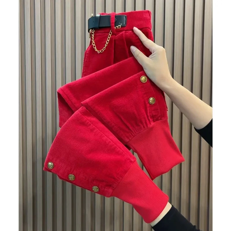 Pantaloni di velluto a coste di nuova moda donna autunno inverno tinta unita pantaloni caldi da donna Casual All-Match comodi pantaloni Harem da donna 4