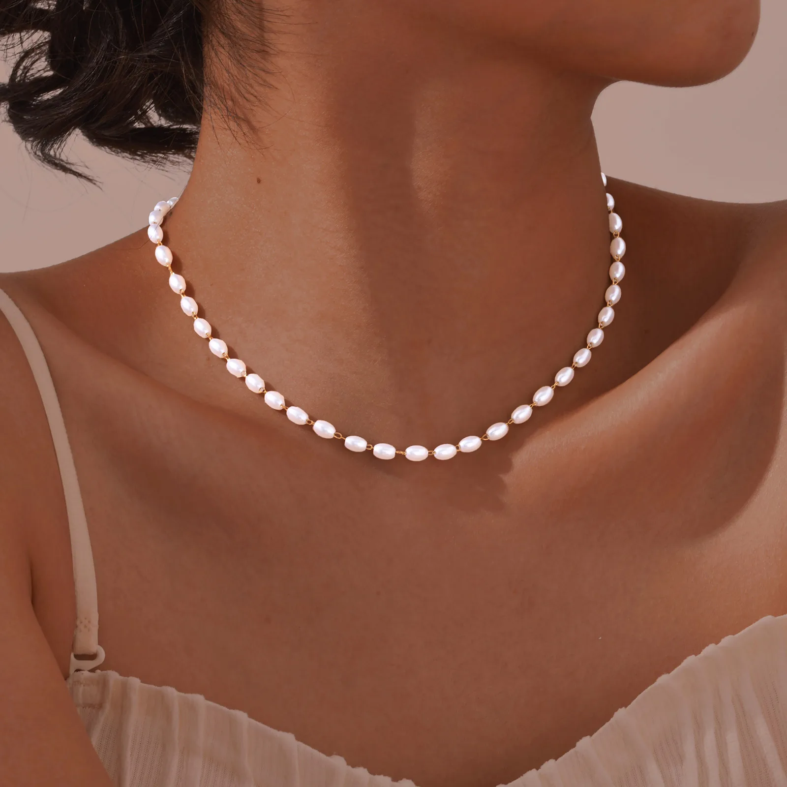 Exquisite Imitationsperlenkette Damen Edelstahl Clavicle Choker_voghion.com