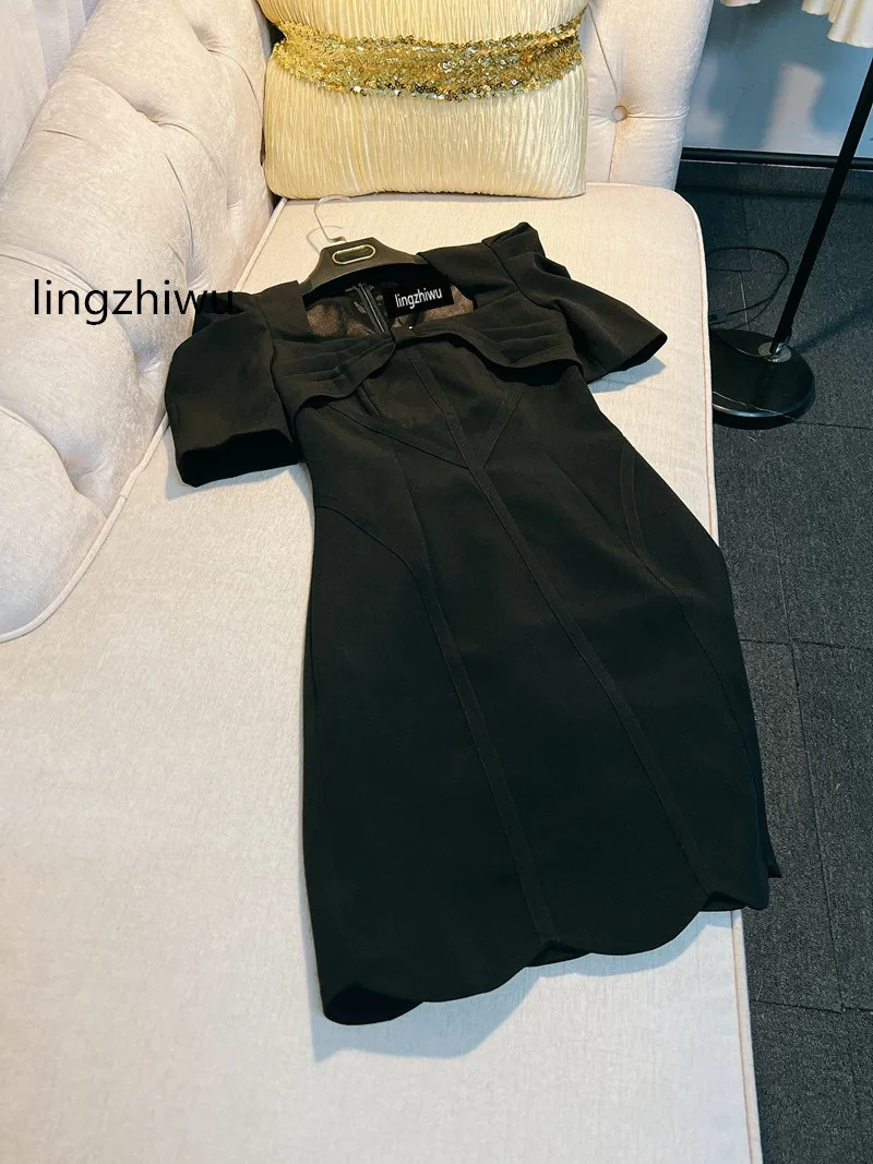 

lingzhiwu Black Dress Designer Vintage French Square Collar Puff Sleeve Dresses Top Quality Female New Arrive