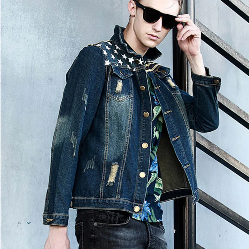 HOT2017 Indoor Distressed Hole Ripped Denim Jacket Men Vintage Slim Fit Student Teenagers Coat Retro Cheap Motorcycle Outerwear