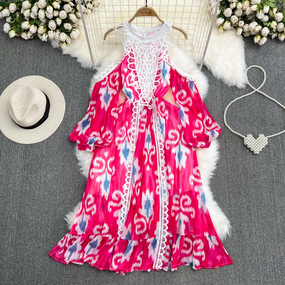 

Bohemian Lace Patchwork Round Neck Hanging Neck, Off Shoulder Waist Slim A-line Dress Seaside Vacation Dress