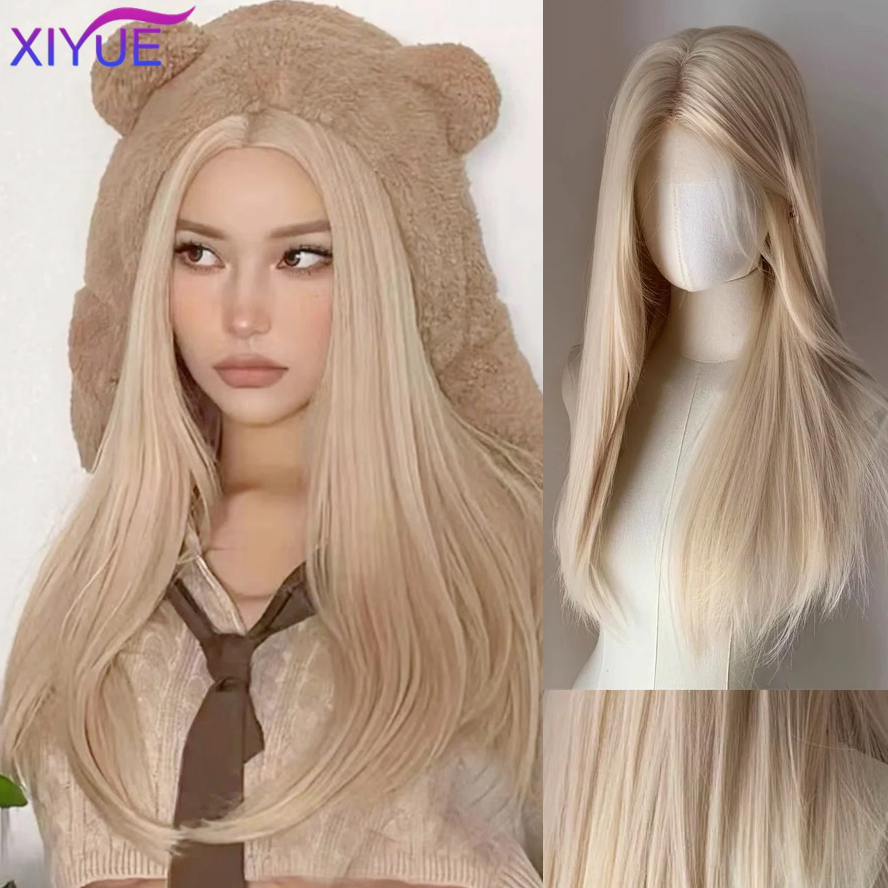 Synthetic Wigs for Women Blonde Long Straight Hime Cut Cosplay