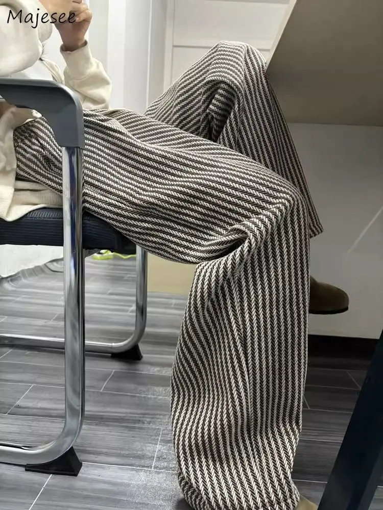 Pantaloni primavera autunno donna retrò a righe lavorati a maglia casual quotidiano semplici pantaloni a gamba larga a vita alta temperamento elegante femminile tutto-fiammifero 1
