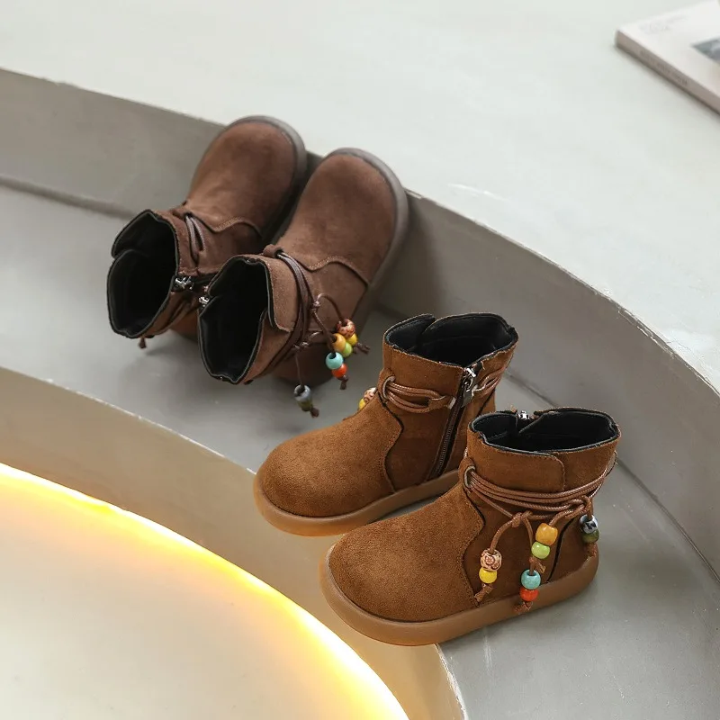 Girls Leather Ankle Boots Winter Kids Casual Beading Round Toe
