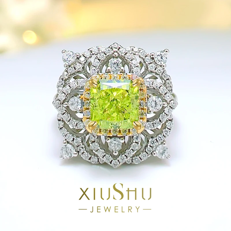 

Fashion Retro 925 Silver Flower Blossom Olive Green Ring Broken Ice Cut Princess Square Inlaid High Carbon Diamond Female