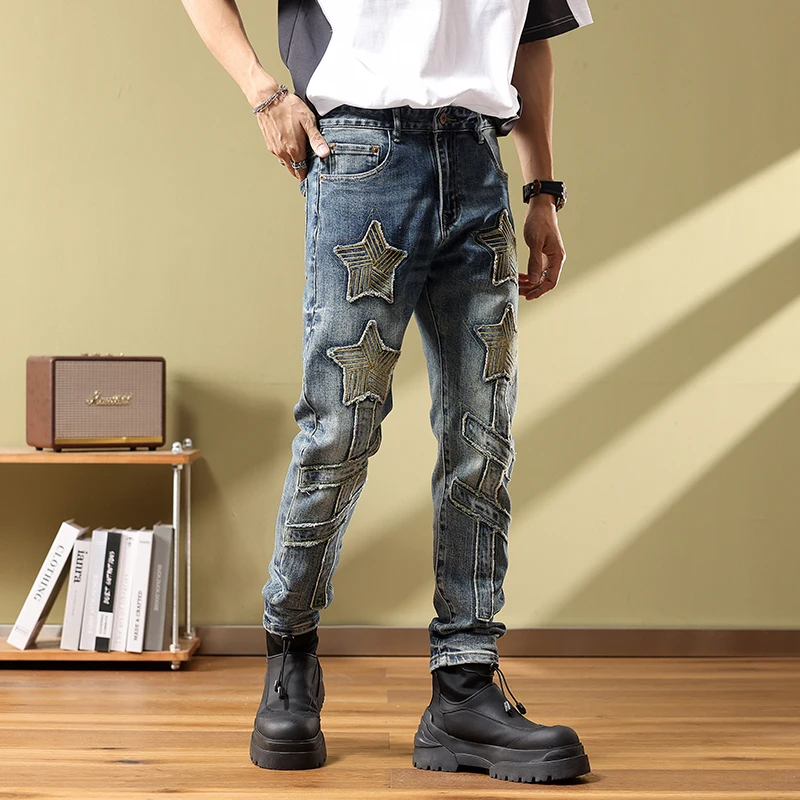 High quality jeans  men's patchwork slim fitting small straight leg pants embroidered pants mens denim  cargo jeans clothing