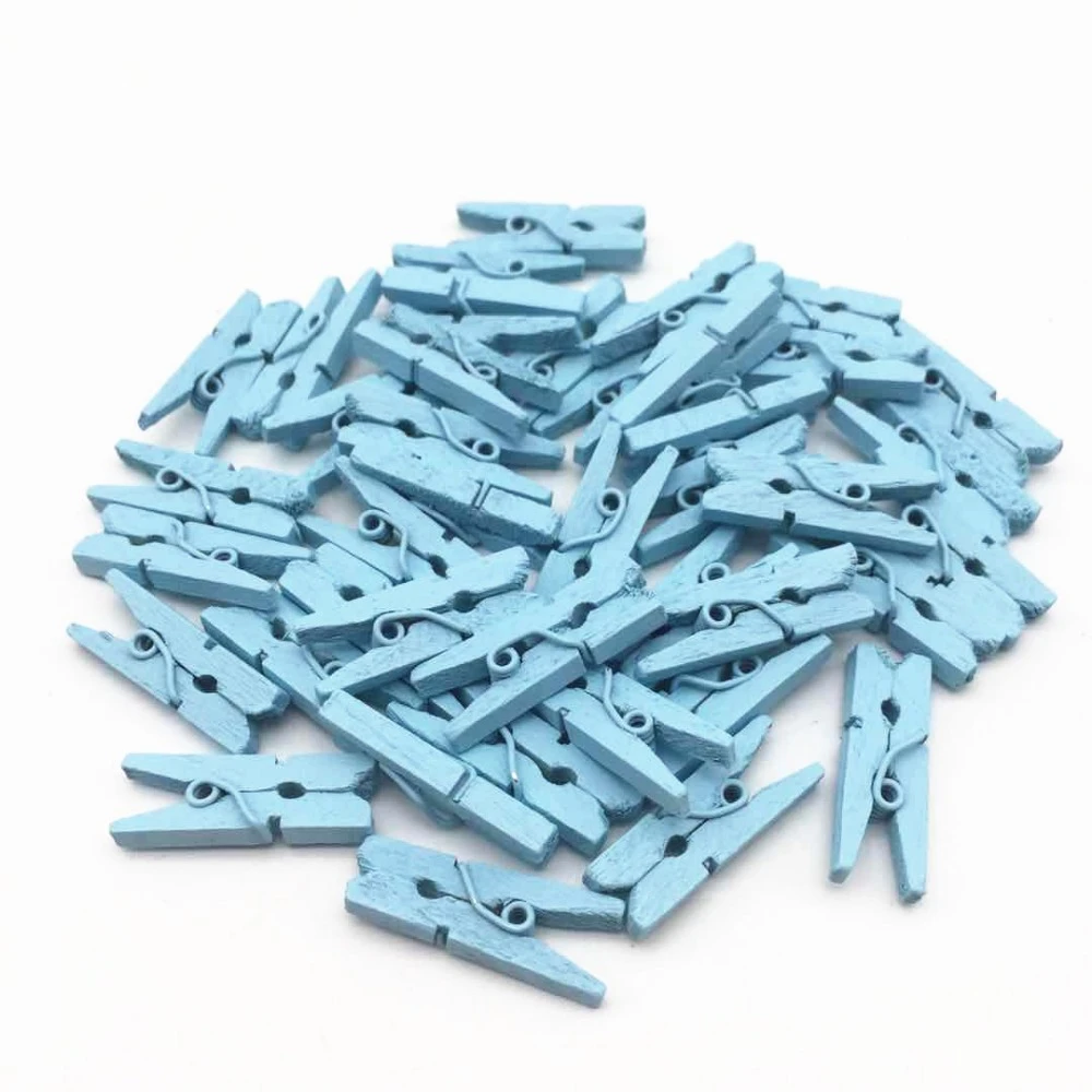 100pcs 1" 25mm Wood Clothespins Light Blue Mini Clothes Pins Pegs Clips