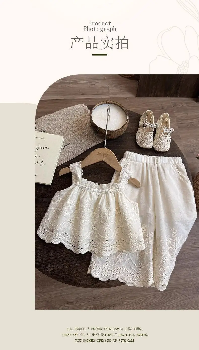 Description Picture 5 of itemGirls Summer Clothing Set Kids Knitted Hollow Lace Suit Girl Fashion Breathable Vest + Wide Leg Pants Outfits Children Sets