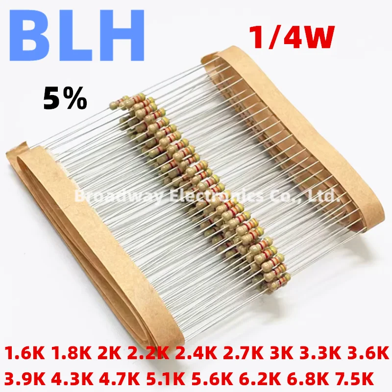 100PCS 0.25W Carbon Film Resistor 1/4W 5% 1.6K 1.8K 2K 2.2K 2.4K 2.7K 3K 3.3K 3.6K 3.9K 4.3K 4.7K 5.1K 5.6K 6.2K 6.8K 7.5K Ohm