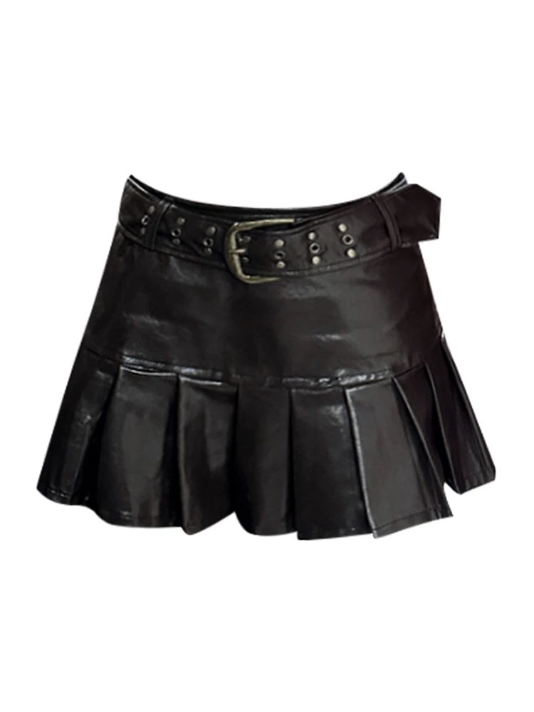 

Summer Women Dark Academia Pu Faux Leather Mini Pleated Skirt With Belt Maillard Gyaru Coquette Harajuku 2000s Y2k Streetwear