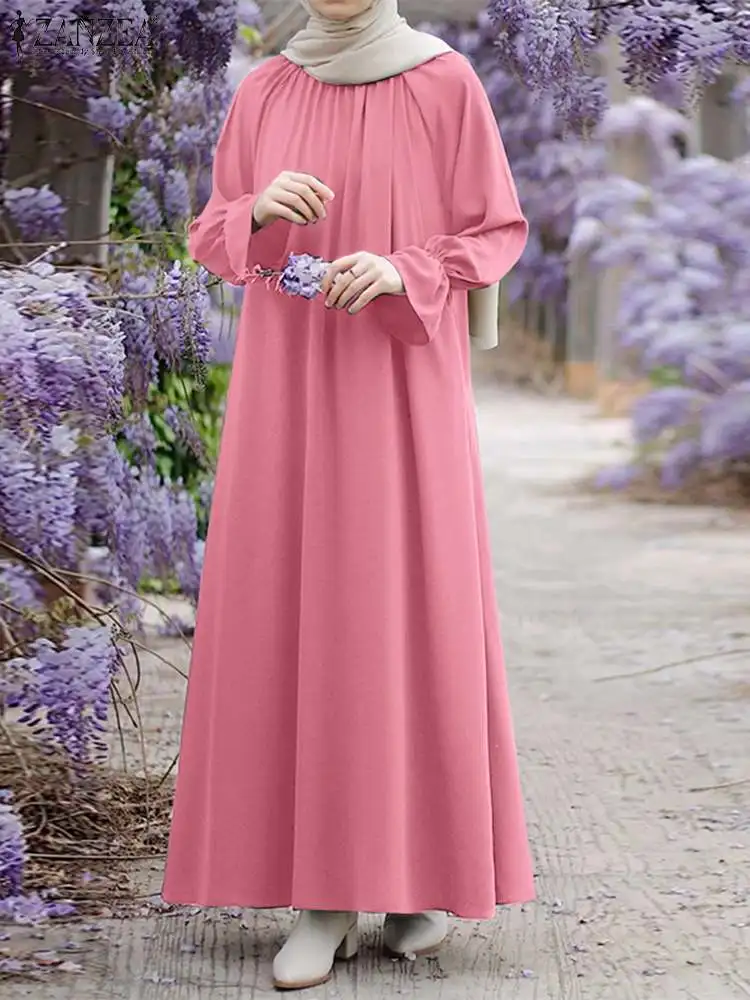 

ZANZEA Casual Isamic Clothing Abayas For Women Holiday Party Sundress Solid Long Muslim Dress Puff Sleeve Elegant Turkey Vestido