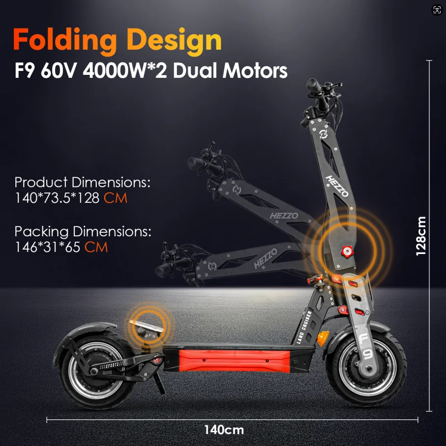 Electric Scooter HEZZO F9 60v 8000w Dual Motors 40LG Lithium NFC 12"Fat Tire Racing 56Mph EU Us Warehouse