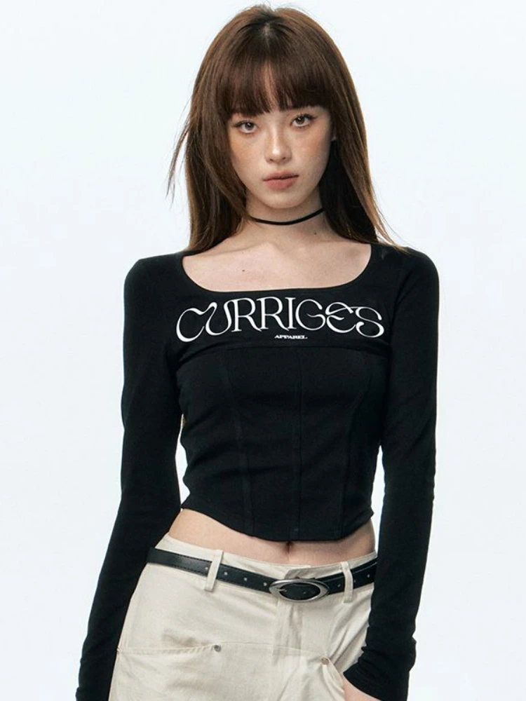 

HOUZHOU Vintage Black Cropped T-shirts Women Y2k Aesthetic Tees Sexy Long Sleeve Cotton Tops Grunge Korean Harajuku Streetwear
