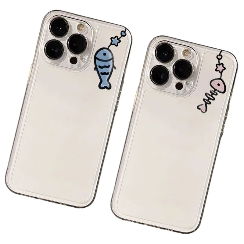 Blauer Fisch Rosa Fishbone Paar Handyhülle für iPhone 16 15 11 12 14 13 Pro Max Mini XS XSM XR 7 8 Plus SE4 16e Niedliche Cover Fundas