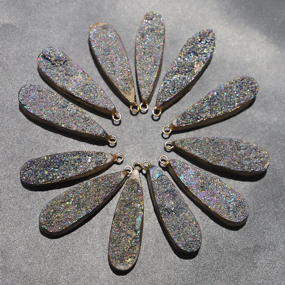 New Natural Grey Water Drop Druzy Stone Necklaces Pendant Metal Mineral Specimen Agate Slice Charms Geode Rough For Jewelry 6Pcs