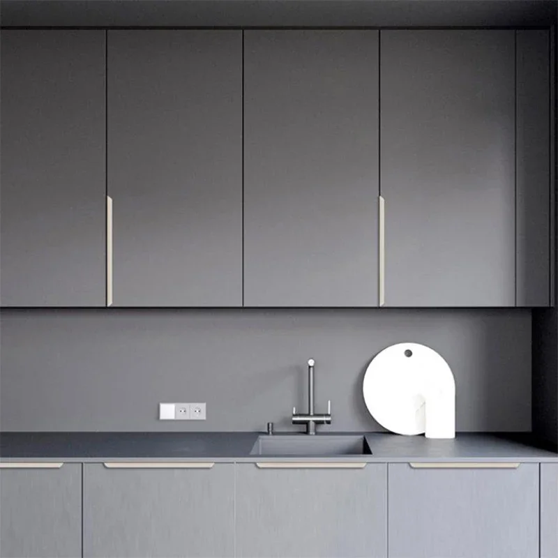 Sleek Cashmere Gray Hidden Handle Cabinet Door with Minimalist Gold Accent