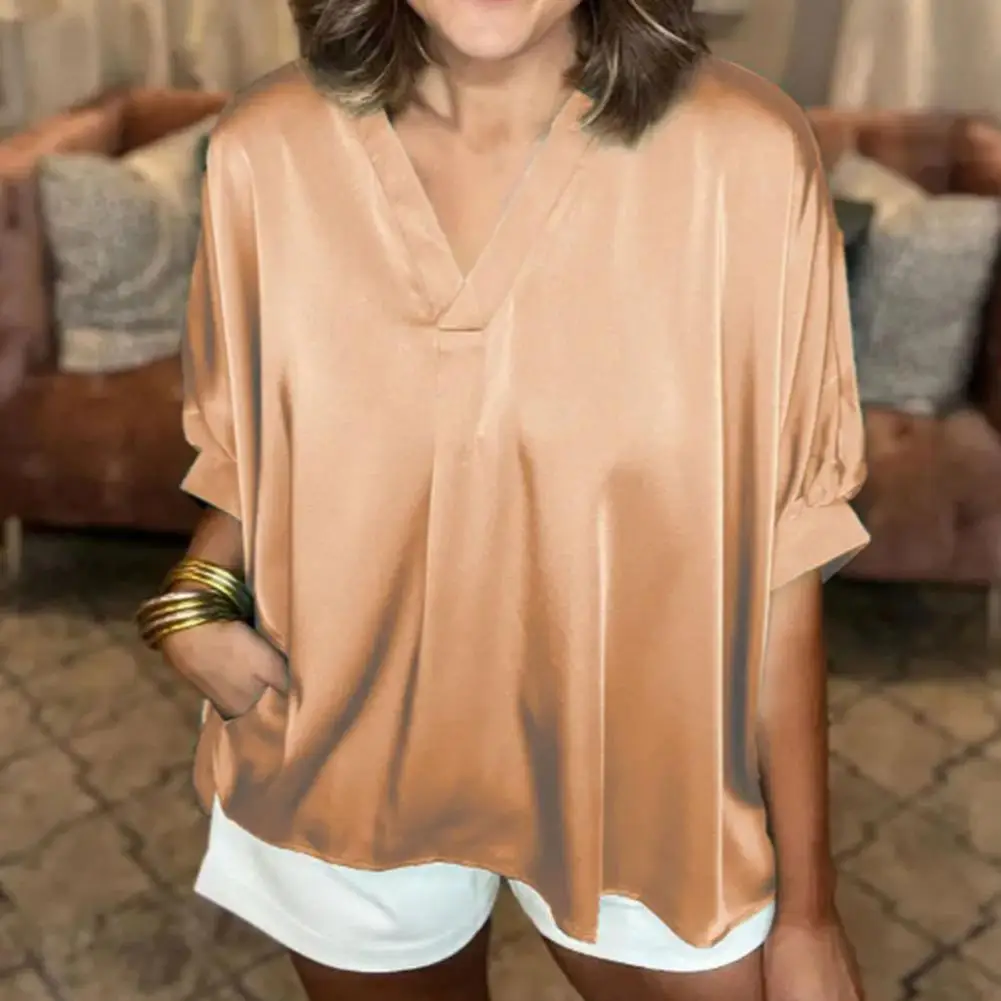 

Pullover Blouse Stylish Women's V-neck Puff Sleeve Shirt with Pocket Casual Summer Workwear Top Loose Fit Solid Color for Women